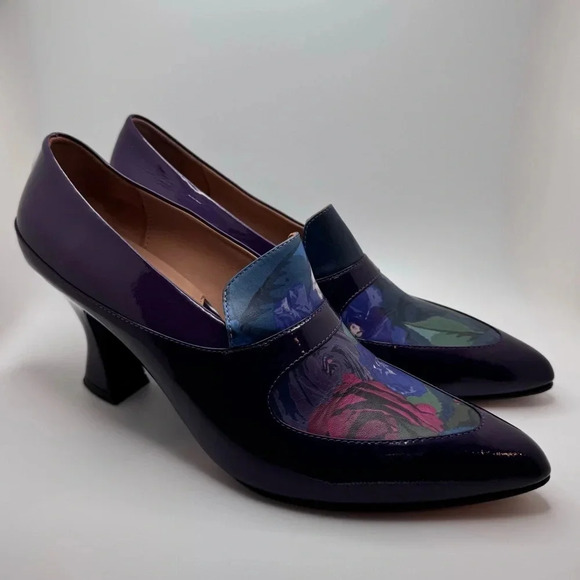 John Fluevog Poser Shirley Contrast Loafer Heel Size 10 Purple Floral